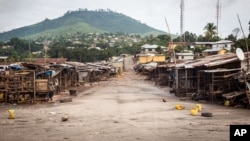 An empty local market area is seen, as Sierra Leone government enforces a three day lock-down on movement of all people in a attempt to fight the Ebola virus, in Freetown, Sierra Leone, Sept. 19, 2014.