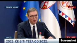 Predsednik Srbije Aleksandar Vućić govori na godišnjoj konferenciji za štampu u Palati Srbija u Beogradu, 4. januara 2022. (Foto: N1, skrinšot)
