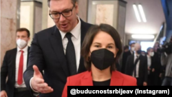 Predsednik Srbije Aleksandar Vučić i nemačka ministarka spoljnih poslova Analena Berbok u Beogradu, mart 2022.