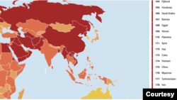 無國界記者組織5月3日發布“2022世界新聞自由指數”報告。中國大陸新聞自由排名第175名，即倒數第六名。 （圖片來自無國界組織網站）