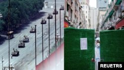 1989年天安门广场上的坦克（图左）2022年上海防疫人员站在封锁门后（图右）（图片来源：路透社）