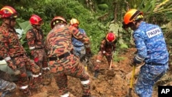 In this photo released by Korporat JBPM, rescuers work during a rescue and evacuation operation following a landslide at a campsite in Batang Kali, Selangor state, on the outskirts of Kuala Lumpur, Malaysia, Dec. 16, 2022.