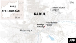 Map of Kabul, Afghanistan, locating the foreign ministry, near where a suicide bomber detonated a device on Jan. 11, 2023.