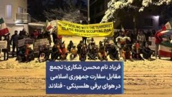فریاد نام محسن شکاری؛ تجمع مقابل سفارت جمهوری اسلامی در هوای برفی هلسینکی - فنلاند