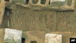 Excavation of the East Smithfield plague pits in London, which were used for mass burials in 1348 and 1349. (MOLA via AP)