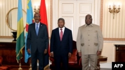 Rais Paul Kagame wa Rwanda, Joao Loourenco wa Angola na Felix Tshisekedi wa DRC. Picha ya AFP