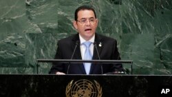 El presidente de Guatemala, Jimmy Morales, durante su intervención en la Asamblea General de las Naciones Unidas