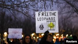 人們在德國柏林示威，並手舉“把豹釋放”和“現在不給豹式，今後會有第三次世界大戰”的標語牌，呼喚德國批准向烏克蘭提供豹式坦克。(2023年1月20日)