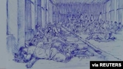 အင်းစိန်ထောင်တွင်း အကျဉ်းသားတွေ နေထိုင်ရတဲ့အခြေအနေတွေကို ဆွဲထားတဲ့ ပုံကြမ်းတခု (ဧပြီ ၁၇၊ ၂၀၂၁)