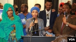 Ilhan Omar gives a victory speech after winning a key primary in Minneapolis with a goal of becoming the first Somali-American state legislator, Aug. 9, 2016. (M. Olad Hassan/VOA)