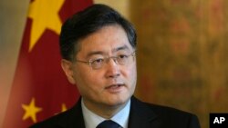 中國外交部長秦剛在開羅出席記者會。 （資料照片，2023年1月15日）