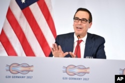 U.S. Treasury Secretary Steven Mnuchin speaks at a news conference during the G20 finance ministers meeting in Baden-Baden, southern Germany, March 17, 2017.
