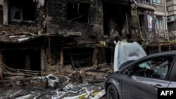 A destroyed building is pictured in Bucha, northwest of Kyiv, on April 2, 2022.