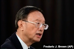 FILE - Chinese foreign policy adviser Yang Jiechi, speaks at the opening session of US-China talks at the Captain Cook Hotel in Anchorage, Alaska, March 18, 2021. (Frederic J. Brown/Pool via AP)