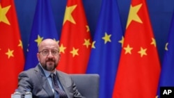 资料照：欧洲理事会主席米歇尔(Charles Michel)在布鲁塞尔出席欧中峰会。（2022年4月1日）