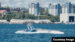 The Mayflower Autonomous Ship is seen in waters in the Atlantic Ocean. The ship successfully completed a transatlantic trip from Britain to North America. (Image Credit: IBM)