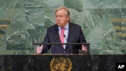 Katibu Mkuu wa Umoja wa Mataifa Antonio Guterres akihutubia kikao cha 77 cha Baraza Kuu la UN, makao makuu New York, Sept. 20, 2022.