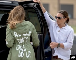 First lady Melania Trump walks to her vehicle as she arrives at Andrews Air Force Base, Md., Thursday, June 21, 2018, after visiting the Upbring New Hope Children Center run by the Lutheran Social Services of the South in McAllen, Texas. (AP)