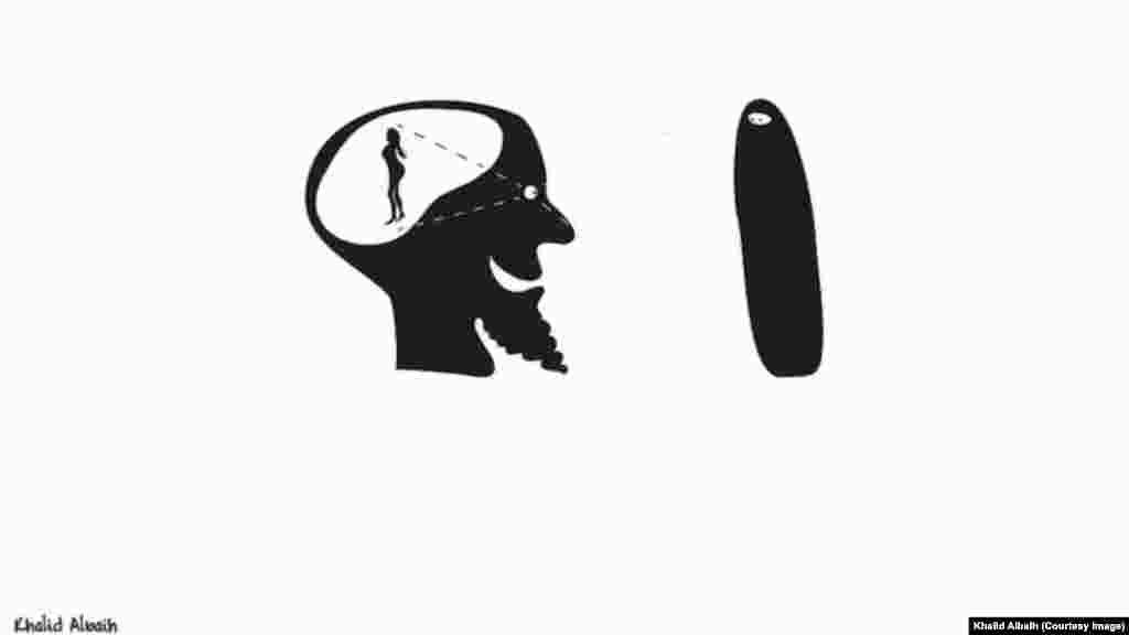 Une caricature dessinée par l'artiste politique soudanaise Khalid Albaih, montre sa vision de ce que les hommes voient vraiment quand ils regardent une femme dans une burka.