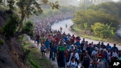 Migrantes centroamericanos que forman parte de una caravana rumbo a la frontera entre México y Estados Unidos, camina por la carretera en Escuintla, Chiapas, México, el sábado 20 de abril de 2019. (AP Foto/Moisés Castillo)