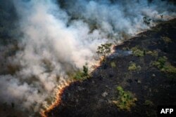 FILE - Aerial view of a burnt area in the Amazon rainforest near the Lago do Cunia Extractive Reserve in northern Brazil, on Aug. 31, 2022. (Photo by DOUGLAS MAGNO / AFP)