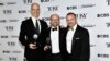 Hank Unger, from left, Matthew Rego and Michael Rego winners of the best musical award for "The Outsiders" pose in the press room during the 77th Tony Awards on June 16, 2024, in New York. 