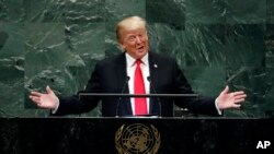 Le président Donald Trump prend la parole à la 73e session de l’Assemblée générale des Nations Unies, au siège des États-Unis, le 25 septembre 2018. 