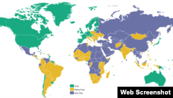 "Ozodlik uyi" tayyorlagan xaritada dunyo davlatlarida matbuot erkinligi darajasi aks etgan