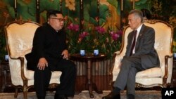 Severnokorejski lider Kim Džong Un tokom sastanka sa premijerom Singapura, Li Hsien Lungom u Istana predsedničkoj palati u nedelju, 10. juna 2018.