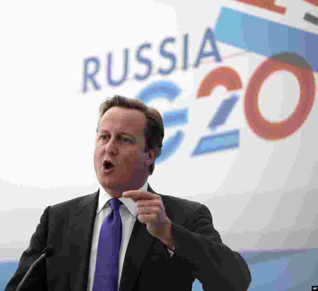 British Prime Minister David Cameron speaks during a media conference after a G-20 summit in St. Petersburg, Russia on Friday, Sept. 6, 2013.