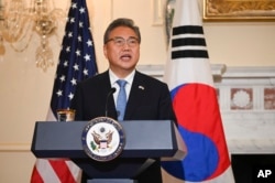 South Korean Foreign Minister Park Jin speaks during a news conference with Secretary of State Antony Blinken at the State Department in Washington, June 13, 2022.