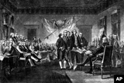 This undated engraving shows the scene on July 4, 1776 when the Declaration of Independence, drafted by Thomas Jefferson, Benjamin Franklin, John Adams, Philip Livingston and Roger Sherman, was approved by the Continental Congress in Philadelphia.