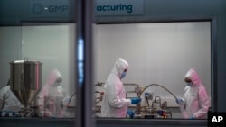 Scientists re-enact the calibration procedure of equipment at an Afrigen Biologics and Vaccines facility in Cape Town, South Africa, Tuesday Oct. 19, 2021. (AP Photo/Jerome Delay)