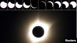 FILE - A combination of ten pictures shows the progression of a partial solar eclipse near as a jet plane flies by the total solar eclipse in Guernsey, Wyoming U.S., August 21, 2017. (REUTERS/Rick Wilking)