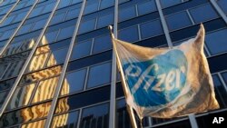 ARCHIVO - Una bandera de Pfizer es desplegada frente a la sede mundial de la farmacéutica en la ciudad de Nueva York el 23 de noviembre de 2015.