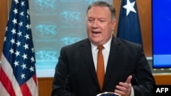 El Secretario de Estado de los Estados Unidos, Mike Pompeo, durante una conferencia de prensa en el Departamento de Estado, en Washington.