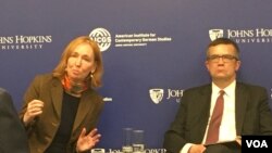 German ambassador to the United States Emily Haber (L) spoke alongside Polish ambassador Piotr Wilczek in Washington on February 10, 2020. (VOA/Natalie Liu)