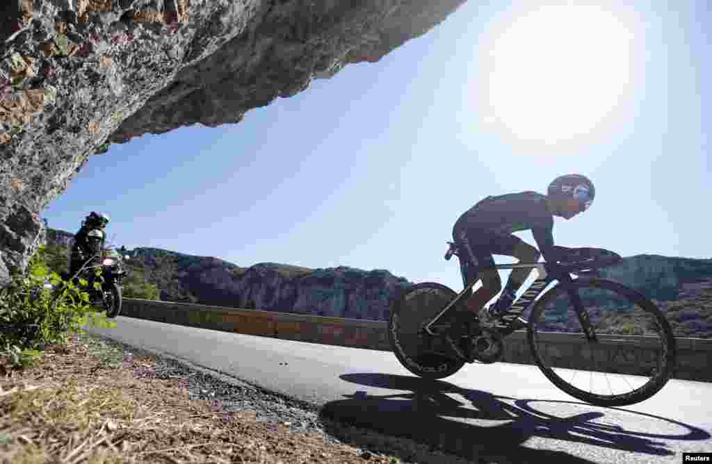 Movistar Team rider Nairo Quintana of Colombia rides during the Tour de France individual time trial, Stage 13, from Bourg-Saint-Andeol to La Caverne du Pont-d'Arc, France.