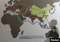 FILE: Map illustrating China's "One Belt, One Road" megaproject at the Asian Financial Forum in Hong Kong, Jan. 18, 2016. (Reuters)