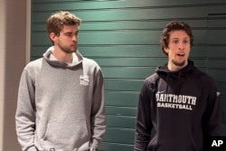 Dartmouth basketball players Cade Haskins, left, and Romeo Myrthil are shown in Hanover, N.H., Tuesday, March 5, 2024. Dartmouth basketball players vote Tuesday on whether to form a union.(AP Photo/Jimmy Golen)