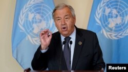 អគ្គលេខាធិការ​អង្គការ​សហ​ប្រជាជាតិ​លោក Antonio Guterres ថ្លែង​ទៅកាន់​អ្នកសារព័ត៌មាន​ក្នុង​សម័យ​ប្រជុំ​លើក​ទី៧៦ នៃ​មហា​សន្និបាត​អង្គការ​សហ​ប្រជាជាតិ​នៅ​ទីក្រុង​ញូវយ៉ក នៅ​ថ្ងៃទី២០ ខែកញ្ញា ឆ្នាំ២០២១។