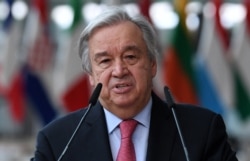 FILE - In this file photo taken June 24, 2021, U.N. Secretary-General Antonio Guterres addresses media representatives in Brussels.