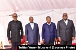 Kutoka kushoto ni Rais Paul Kagame wa Rwanda, mwenzake Yuweri Museveni wa Uganda, Joao Lourenco wa Angola na Felix Tshisekedi wa DRC walipokutana Katuna/Gatuna, katika mpaka wa Rwanda na Uganda , Februari 21, 2020. (Twitter/Yuweri Museveni)