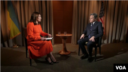 VOA Eastern Europe Chief Myroslava Gongadze interviews US Secretary of State Antony Blinken about the conflict along the Russia-Ukraine border, in Kyiv, Ukraine, Jan. 19, 2022.