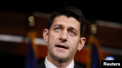 U.S. Speaker of the House Paul Ryan takes questions after meeting with Donald Trump.
