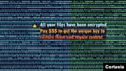 En esta ilustración se muestra un mensaje de supuestos piratas cibernéticos informando al usuario de que el contenido de su computadora ha sido secuestrado.