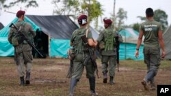 Las Fuerzas Armadas Revolucionarias de Colombia, FARC, rebeldes caminan en su campamento en La Carmelita, cerca de Puerto Asís, en el estado de Putumayo, en Colombia. Foto de archivo.