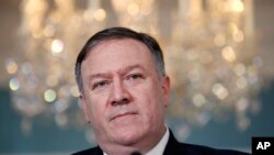 Secretary of State Mike Pompeo speaks about refugees as he makes a statement to the media, Sept. 17, 2018, at the State Department in Washington. 