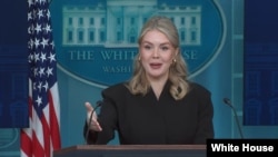 白宫新闻秘书莱维特2025年12月11日在例行记者会上回答美国之音提问。(白宫视频截图)