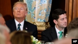 FILE - President Donald Trump, left, sits with House Speaker Paul Ryan on Capitol Hill in Washington during a "Friends of Ireland" luncheon, March 16, 2017.
